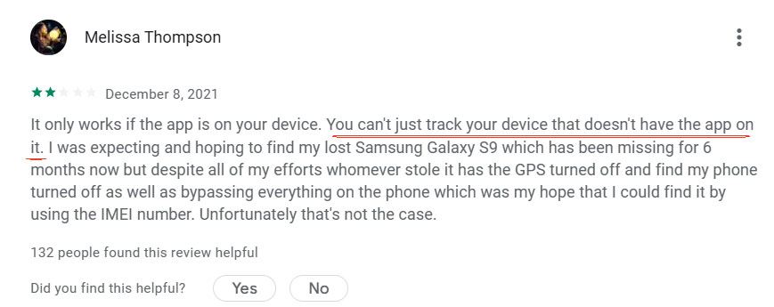 IMEI Tracker - Find My Device user Melissa says you can't track device without the app on it