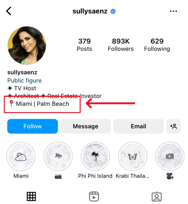 Instagram bios page with location tag