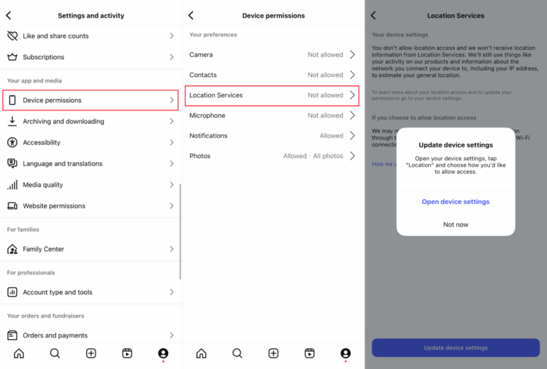 Instagram location permission