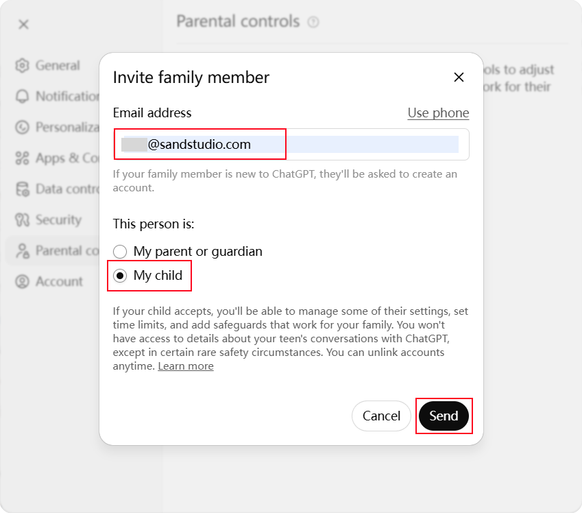 invite child to ChatGPT Parental Controls