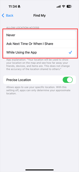 iOS Find My setting
