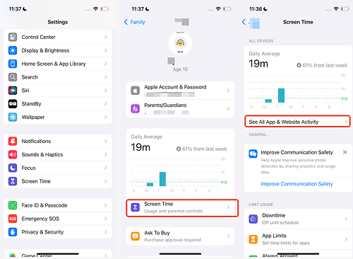 checking child's active phone use via iPhone Screen Time Family Sharing