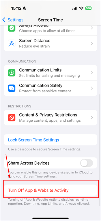 iOS turn off app website activity