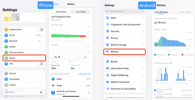 iPhone and Android battery usage by app screenshots