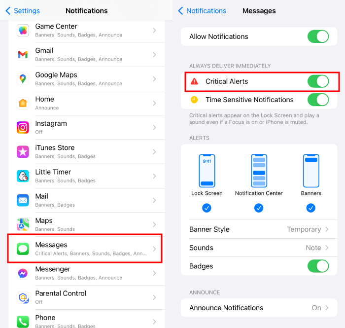 turn on off iPhone critical alerts