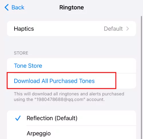 iPhone download all purchased tones button