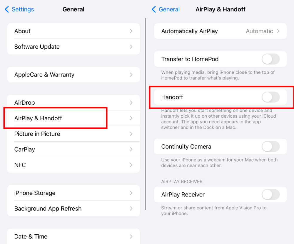 iPhone turn off Handoff