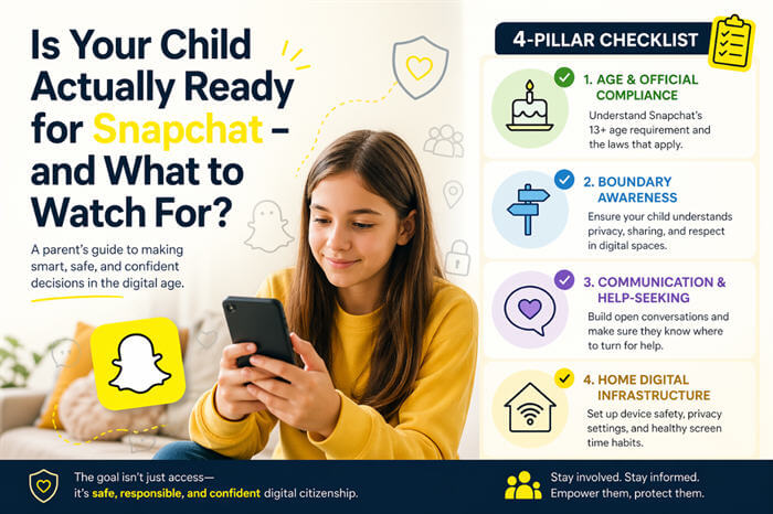 Infographic showing a 4-pillar checklist to assess if a child is ready for Snapchat