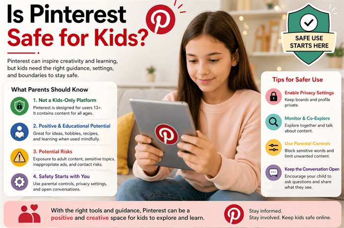 Infographic explaining whether Pinterest is safe for kids