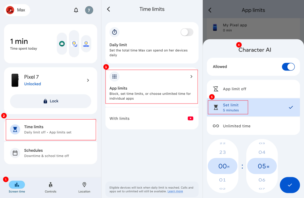 limit Character AI time on Android