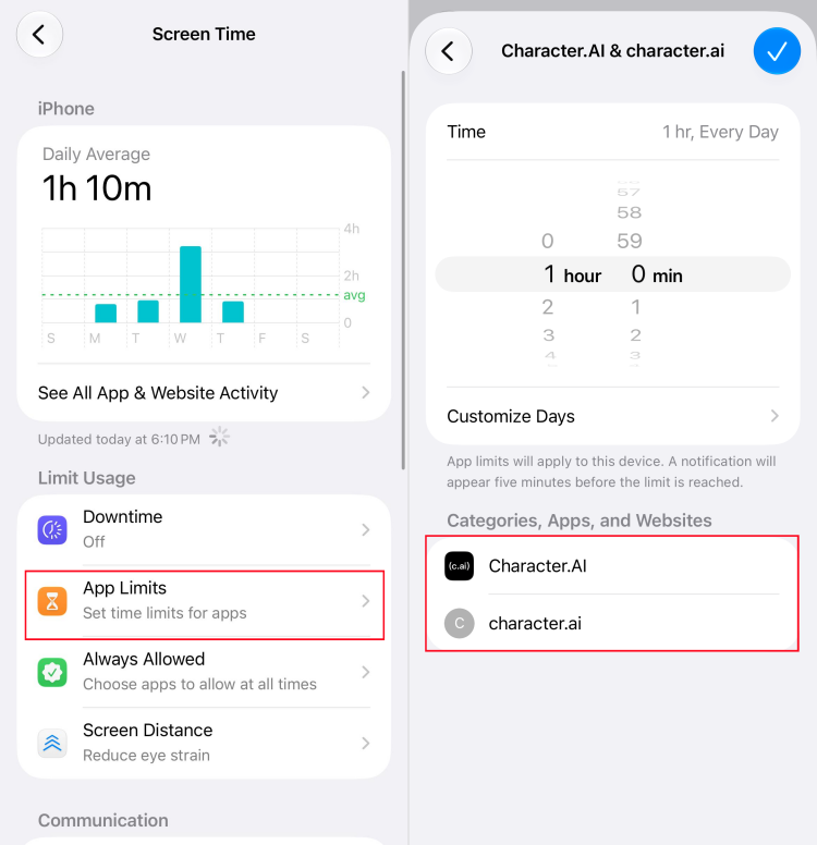 limit Character AI on iPhone