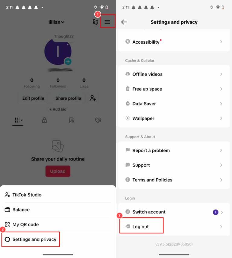 log out of TikTok