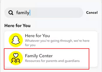 look for Family Center with Snapchat seach bar