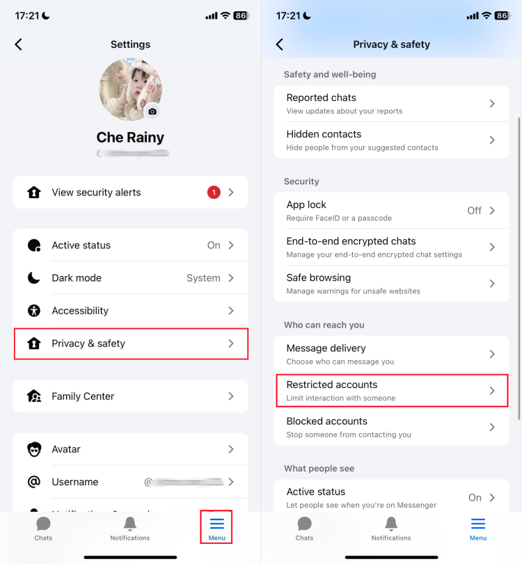 Messenger restricted settings