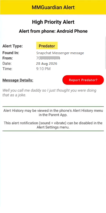 MMGuardian parental alert notifications for Snapchat
