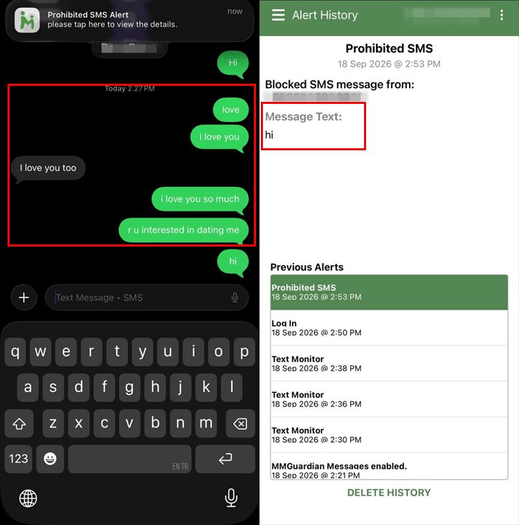Test results showing MMGuardian failing to detect sensitive keywords in regular SMS messages