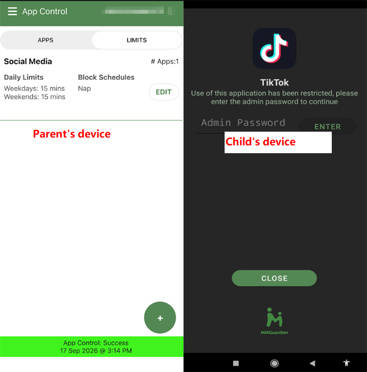MMGuardian blocking TikTok app on child phone with lock screen restriction