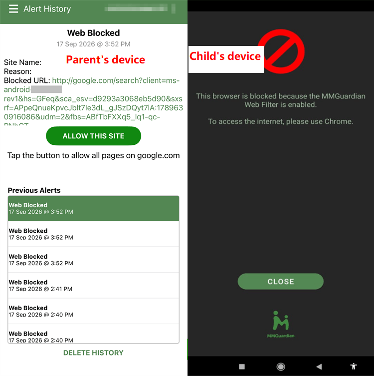 MMGuardian blocking a restricted test website and redirecting to safe image search results
