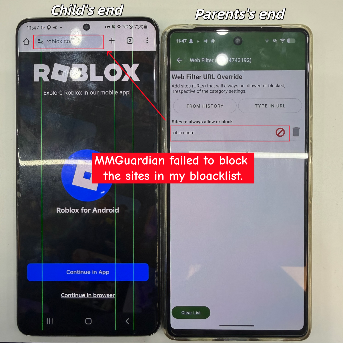 MMGuardian web filter test result