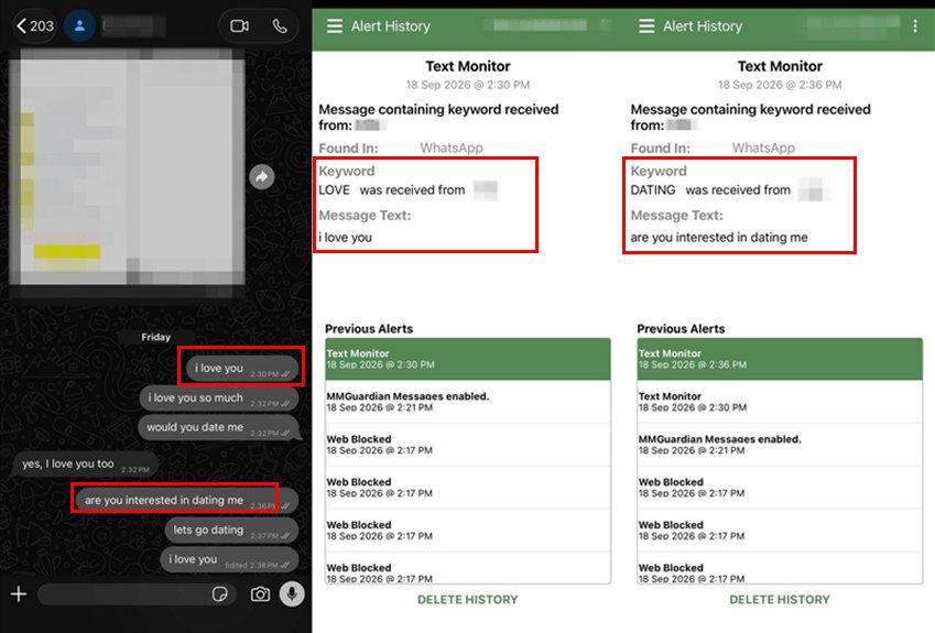 MMGuardian parent app alert notification showing detected WhatsApp keywords like love and dating