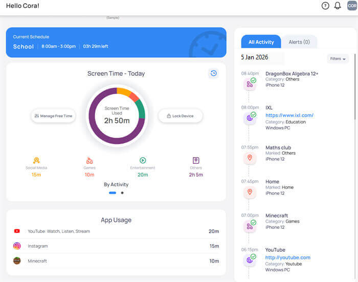 Mobicip activity reports interface
