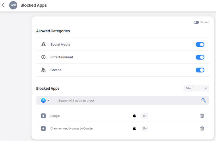 Mobicip app blocking interface