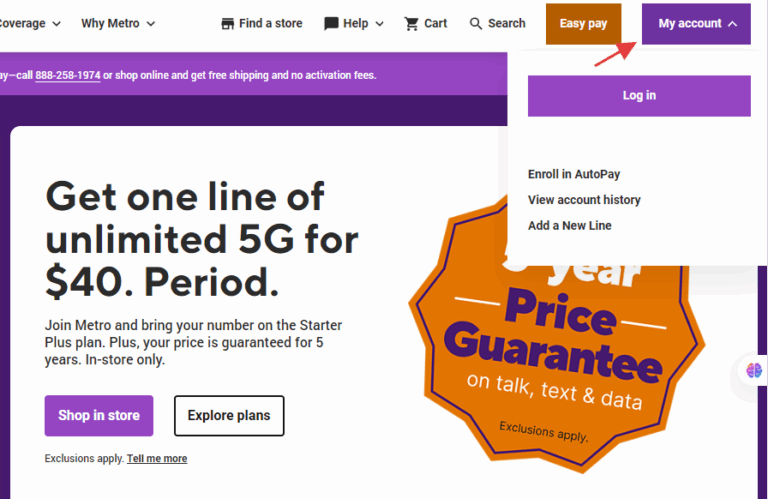 my account button on MetroPCS site
