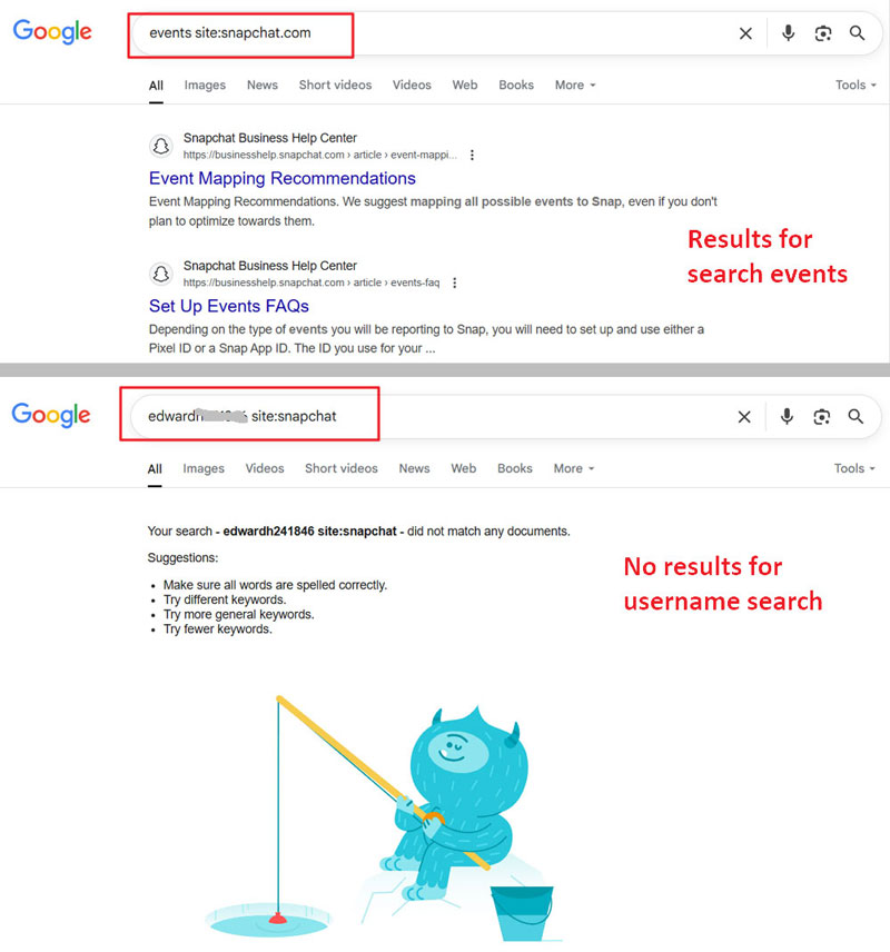 no results for search username vs results for search event on Snapchat