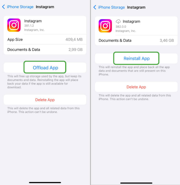 Offload Instagram and reinstall on iPhone