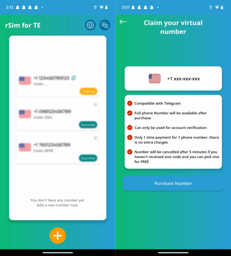 Phone Number for Telegram app