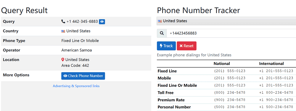 Phone Number Tracker search result