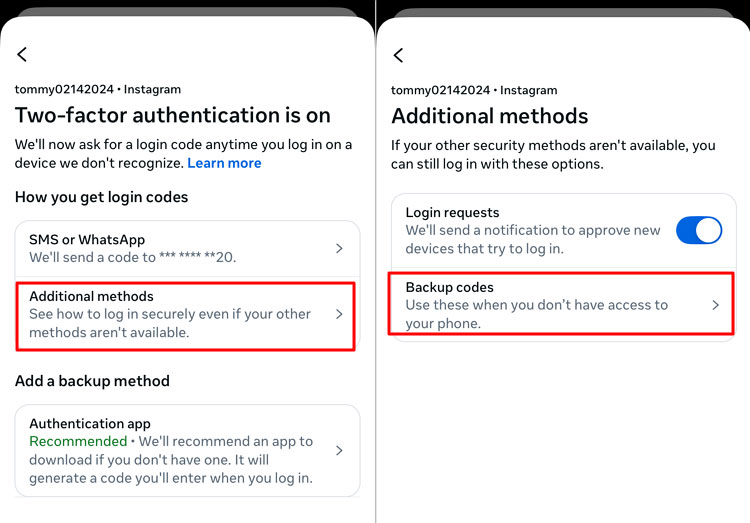 pick Backup Codes from Additional methods