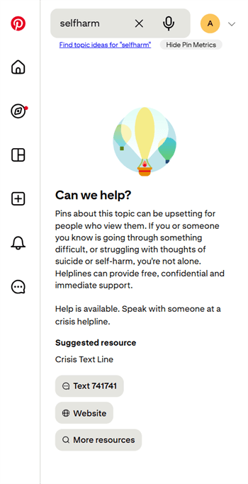 Pinterest search results for self-harm showing a support resources page