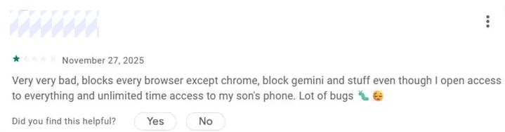 Google Play store reviews complaining about Qustodio's unstable app blocking features