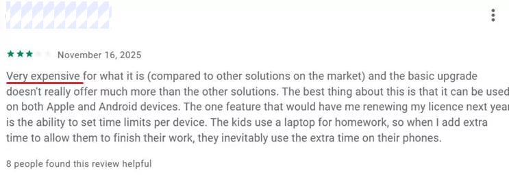 Qustodio user reviews on Google Play complaining about high pricing