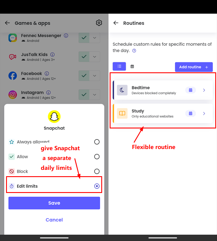 Qustodio setting time limits for Snapchat and daily routines