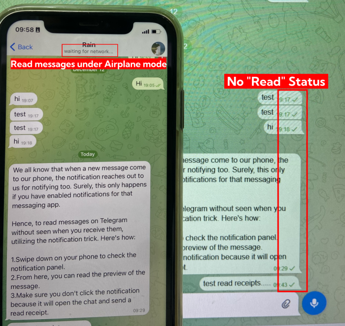 read Telegram messages without seen via Airplane mode