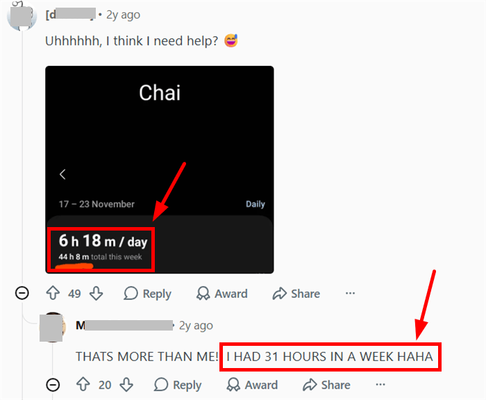 Reddit users comments about Chai AI screen time