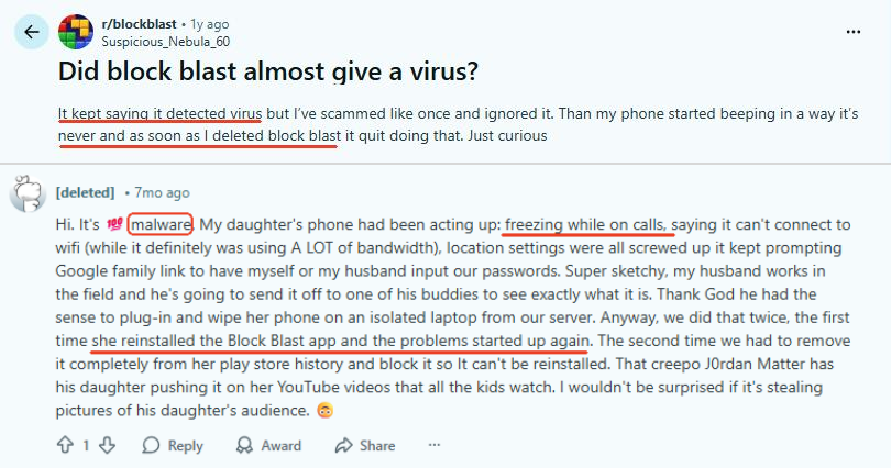 Reddit user say Block Blast is malware