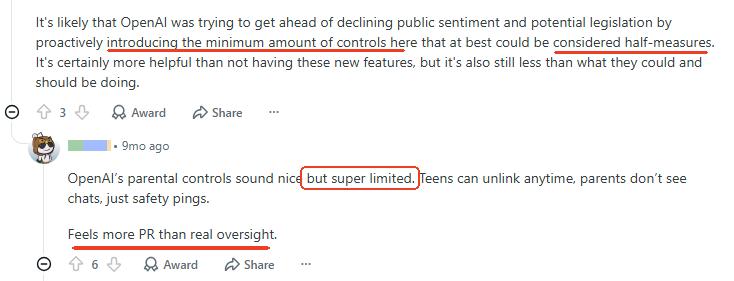 Reddit user says ChatGPT parental controls are limited