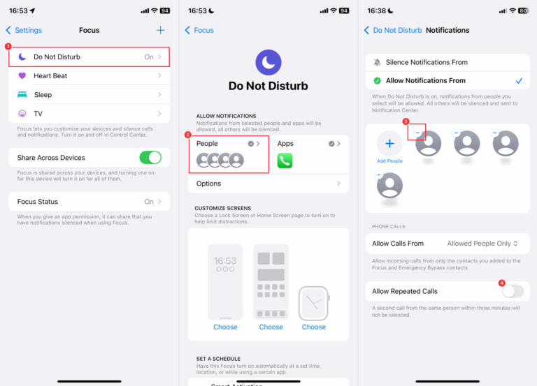 remove allowed contacts from DND on iPhone