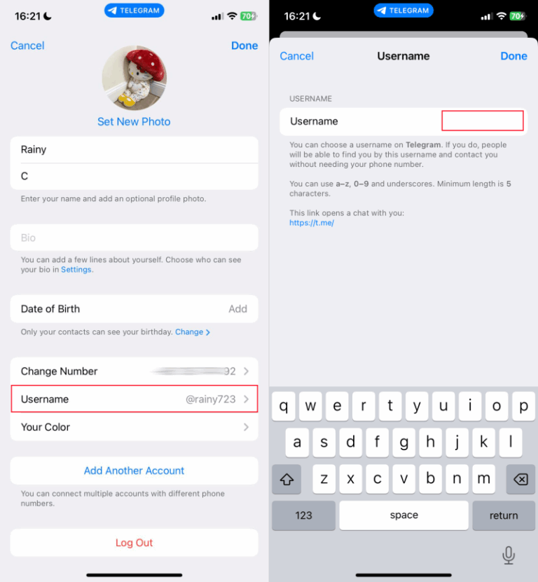 remove Telegram username