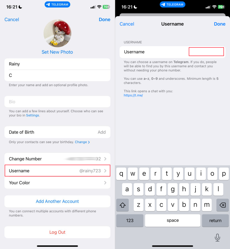 remove Telegram username