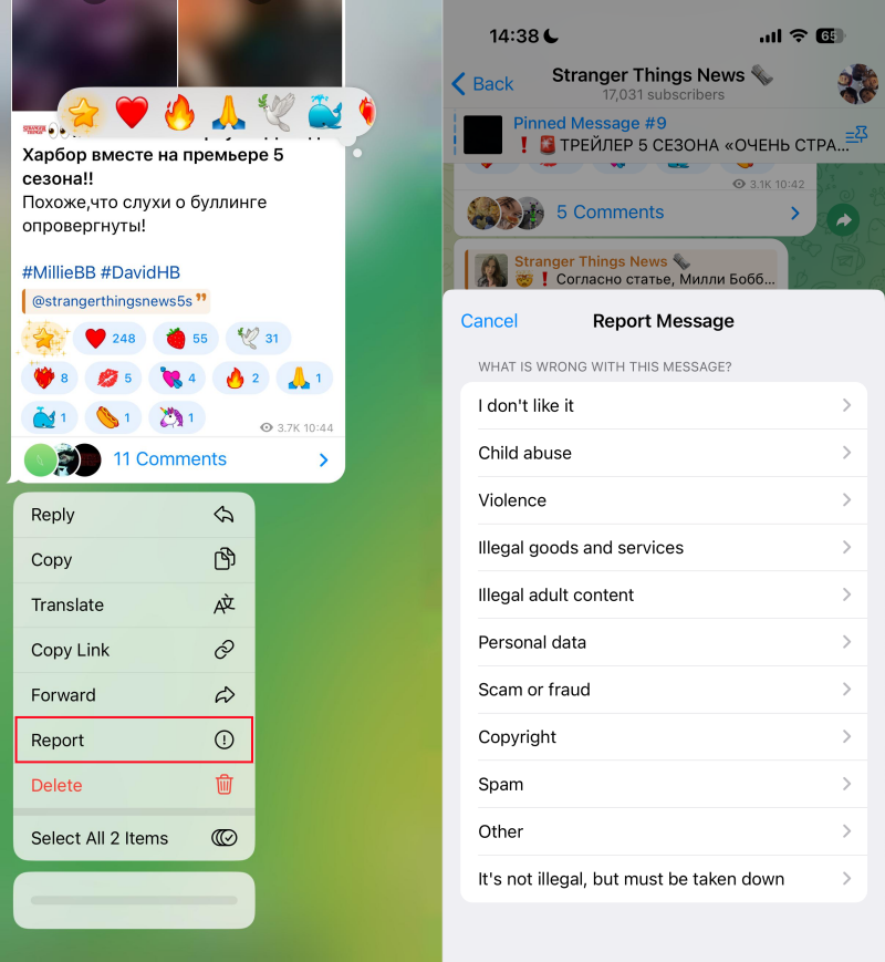 report Telegram message