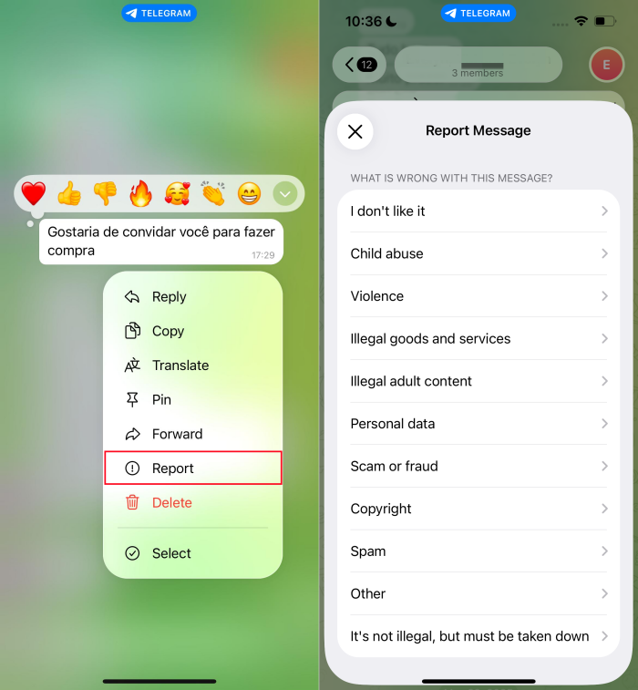 Telegram mesajı şikayet et