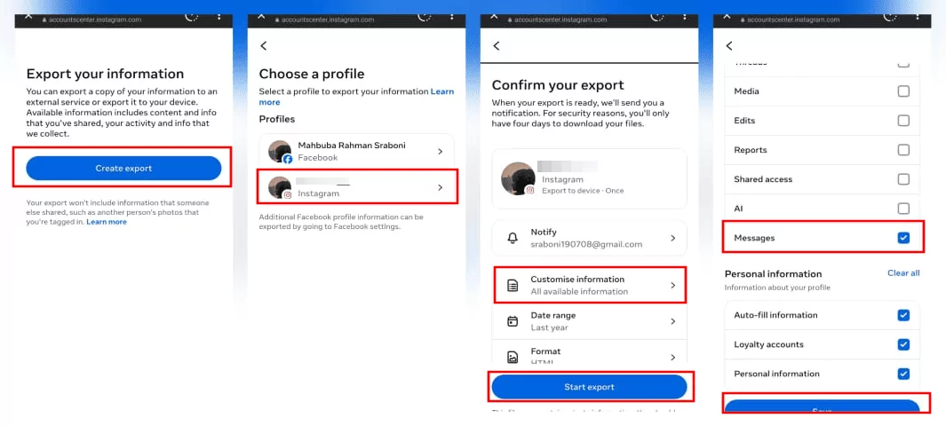 export Ins account data