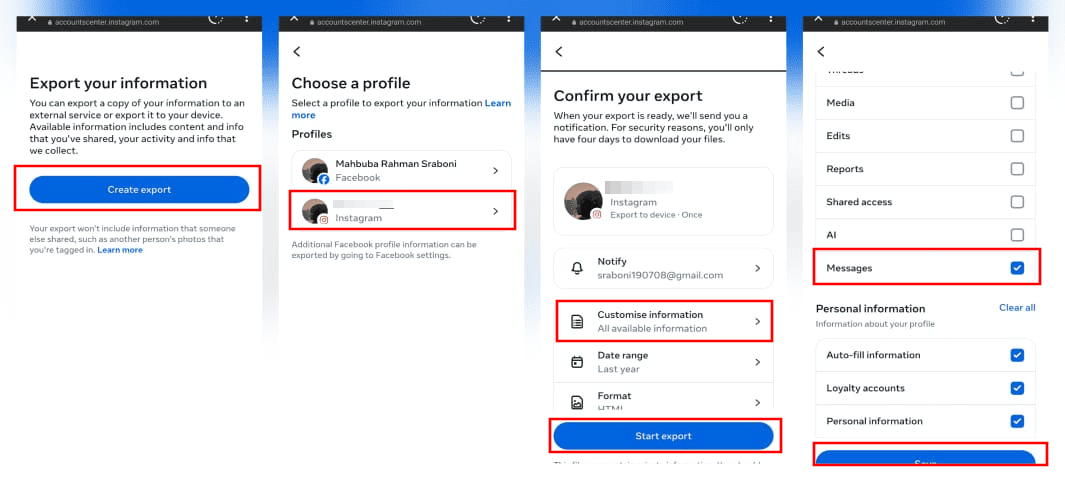 export Ins account data