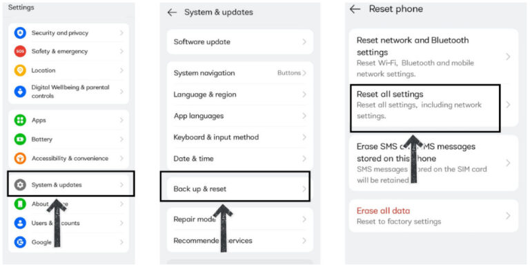 reset all settings on android