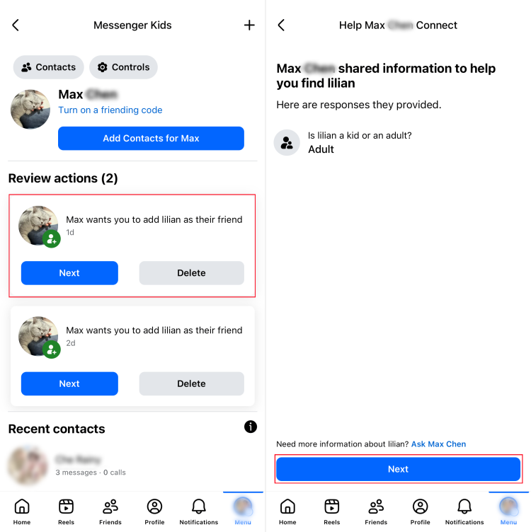 review friend request from messenger kids