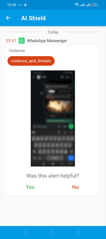 Safe Lagoon AI Shield violence and threats alert generated from a harmless WhatsApp test message